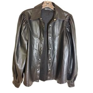 Zara Black Vegan Leather button up blouse puff long‎ sleeve, Medium